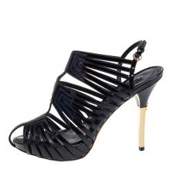 Pre Owned Louis Vuitton Black Patent Leather Caged Slingback Sandals Size 37