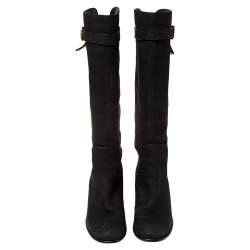 Pre Owned حذاء بوت لوي فيتون فوق ركبة نوبوك منقوش أسود بإبزيم مقاس 37