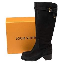 Pre Owned حذاء بوت لوي فيتون فوق ركبة نوبوك منقوش أسود بإبزيم مقاس 37