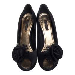 Pre Owned Louis Vuitton Black Satin Peep Toe Pumps Size 36.5