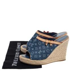 Pre Owned  Louis Vuitton Blue/Beige Monogram Denim Espadrille Wedge Mules Sandals 38