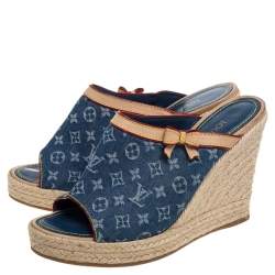 Pre Owned  Louis Vuitton Blue/Beige Monogram Denim Espadrille Wedge Mules Sandals 38
