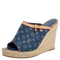 Pre Owned  Louis Vuitton Blue/Beige Monogram Denim Espadrille Wedge Mules Sandals 38