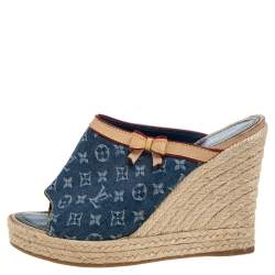 Pre Owned  Louis Vuitton Blue/Beige Monogram Denim Espadrille Wedge Mules Sandals 38