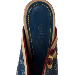 Pre Owned  Louis Vuitton Blue/Beige Monogram Denim Espadrille Wedge Mules Sandals 38