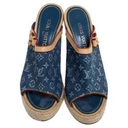 Pre Owned  Louis Vuitton Blue/Beige Monogram Denim Espadrille Wedge Mules Sandals 38