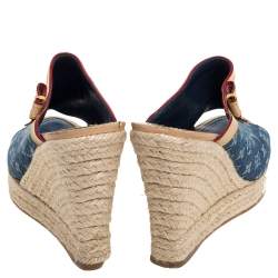 Pre Owned  Louis Vuitton Blue/Beige Monogram Denim Espadrille Wedge Mules Sandals 38