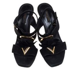 Pre Owned Louis Vuitton Black Suede Medallion Ankle Strap Sandals Size 37.5