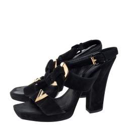 Pre Owned Louis Vuitton Black Suede Medallion Ankle Strap Sandals Size 37.5