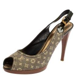 مملوكة مسبقًا صندل لوي فيتون كيس مي جلد لامع وكانفاس مونوغرامي ميني لين أبيض وأزرق فتحة كعب مقاس 41