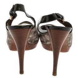 مملوكة مسبقًا صندل لوي فيتون كيس مي جلد لامع وكانفاس مونوغرامي ميني لين أبيض وأزرق فتحة كعب مقاس 41