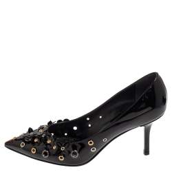 Pre Owned Louis Vuitton Black Patent Leather Applique Embellished Pointed Toe Pumps Size 38.5