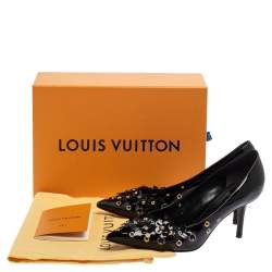 Pre Owned Louis Vuitton Black Patent Leather Applique Embellished Pointed Toe Pumps Size 38.5