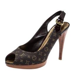 مملوكة مسبقًا Louis Vuitton Brown Min Lin Monogram Canvas and Patent Leather Slingback Sandals Size 36.5
