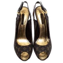 مملوكة مسبقًا Louis Vuitton Brown Min Lin Monogram Canvas and Patent Leather Slingback Sandals Size 36.5