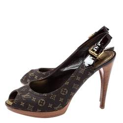 مملوكة مسبقًا Louis Vuitton Brown Min Lin Monogram Canvas and Patent Leather Slingback Sandals Size 36.5