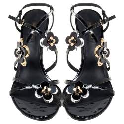 مملوكة مسبقًا Louis Vuitton Black Patent Leather Flower Embellished Ankle Strap Sandals Size 41