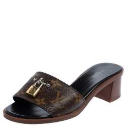 مملوكة مسبقًا Louis Vuitton Brown/Beige Monogram Canvas Lock It Slide Sandals Size 35