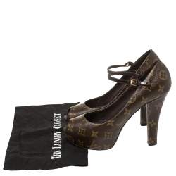 Pre Owned Louis Vuitton Brown/Beige Monogram Canvas Vanity Ankle Strap Peep Toe Pumps Size 39
