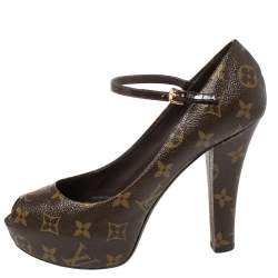 Pre Owned Louis Vuitton Brown/Beige Monogram Canvas Vanity Ankle Strap Peep Toe Pumps Size 39