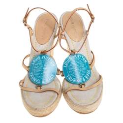 Pre Owned صندل لوي فيتون كعب روكي إسبادريل دايفين ترانكس أند باجز جلد فاتشيتا أزرق وبيج مقاس 38