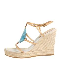 Pre Owned صندل لوي فيتون كعب روكي إسبادريل دايفين ترانكس أند باجز جلد فاتشيتا أزرق وبيج مقاس 38