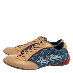 Louis Vuitton Beige/Blue Monogram Denim And Leather Low Top Sneakers Size 36