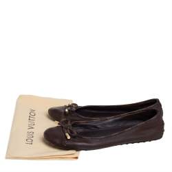 مملوكة مسبقًا Louis Vuitton Brown Leather And Damier Ebene Canvas Bow Ballet Flats Size 40 