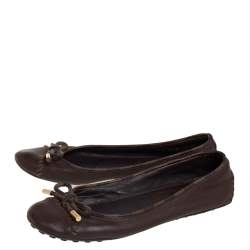 مملوكة مسبقًا Louis Vuitton Brown Leather And Damier Ebene Canvas Bow Ballet Flats Size 40 
