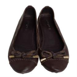 مملوكة مسبقًا Louis Vuitton Brown Leather And Damier Ebene Canvas Bow Ballet Flats Size 40 