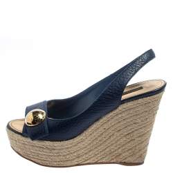 Louis Vuitton Blue Denim Leather Wedge Espadrille Sandals Shoes Women US 6  36.5