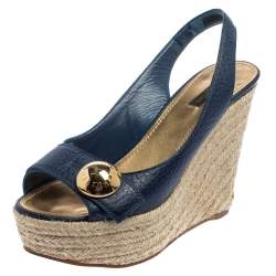 Louis Vuitton Blue Denim Leather Wedge Espadrille Sandals Shoes Women US 6  36.5