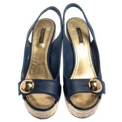 مملوكة مسبقًا Louis Vuitton Blue Leather Espadrille Wedge Sandals Size 39.5