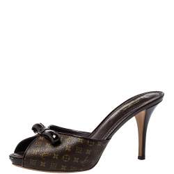 Pre Owned Louis Vuitton Brown Monogram Canvas And Patent Leather Malibu Slides Sandals Size 39.5