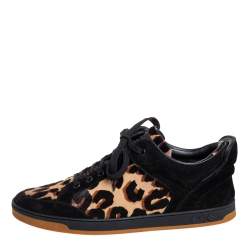 مملوكة مسبقًا Louis Vuitton Black Suede And Leopard Print Calf Hair Low Top Sneakers Size 38.5