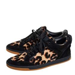 مملوكة مسبقًا Louis Vuitton Black Suede And Leopard Print Calf Hair Low Top Sneakers Size 38.5