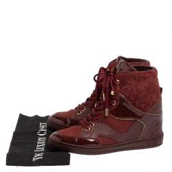 Pre Owned Louis Vuitton Burgundy Leather And Monogram Suede Wedge Sneakers Size 36.5