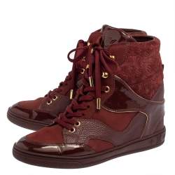 Pre Owned Louis Vuitton Burgundy Leather And Monogram Suede Wedge Sneakers Size 36.5