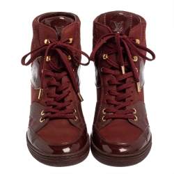 Pre Owned Louis Vuitton Burgundy Leather And Monogram Suede Wedge Sneakers Size 36.5