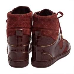 Pre Owned Louis Vuitton Burgundy Leather And Monogram Suede Wedge Sneakers Size 36.5