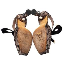 Pre Owned Louis Vuitton Pink/Black Lace And Velvet Can Can Peep-Toe Pumps Size 38