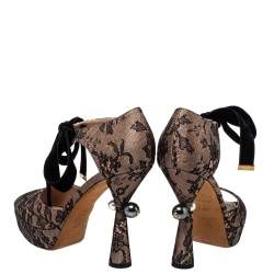 Pre Owned Louis Vuitton Pink/Black Lace And Velvet Can Can Peep-Toe Pumps Size 38