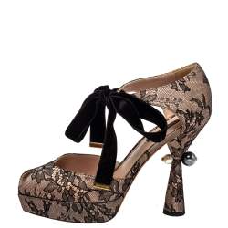 Pre Owned Louis Vuitton Pink/Black Lace And Velvet Can Can Peep-Toe Pumps Size 38