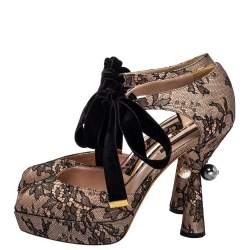 Pre Owned Louis Vuitton Pink/Black Lace And Velvet Can Can Peep-Toe Pumps Size 38