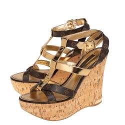 مملوكة مسبقًا Louis Vuitton Brown/Gold Monogram Canvas and Leather Strappy Platform Wedge Sandals Size 35.5