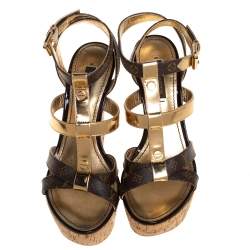 مملوكة مسبقًا Louis Vuitton Brown/Gold Monogram Canvas and Leather Strappy Platform Wedge Sandals Size 35.5