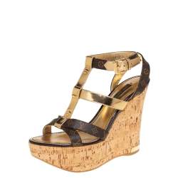 مملوكة مسبقًا Louis Vuitton Brown/Gold Monogram Canvas and Leather Strappy Platform Wedge Sandals Size 35.5