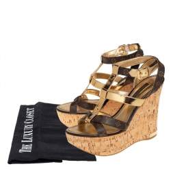 مملوكة مسبقًا Louis Vuitton Brown/Gold Monogram Canvas and Leather Strappy Platform Wedge Sandals Size 35.5
