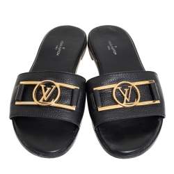 Pre Owned Louis Vuitton Black Leather Lockit Flat Slides Size 37