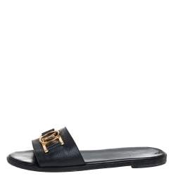 Pre Owned Louis Vuitton Black Leather Lockit Flat Slides Size 37